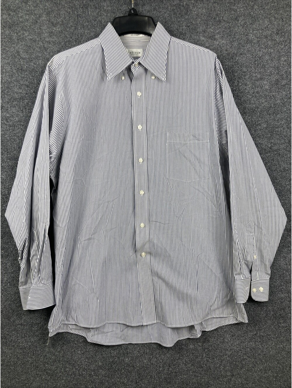 Van Heusen Mens Large 16 1/2 Blue Striped Pinpoint Oxford L/S Button Shirt EUC